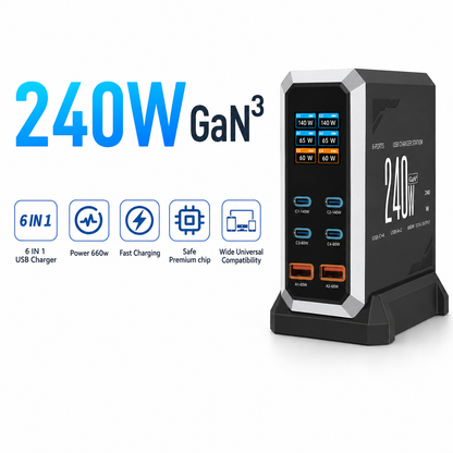 iBlockCube 240W Multi-Port USB Charger with Dynamic Display Screen – High-Powered, Fast Charging for Multiple Devices