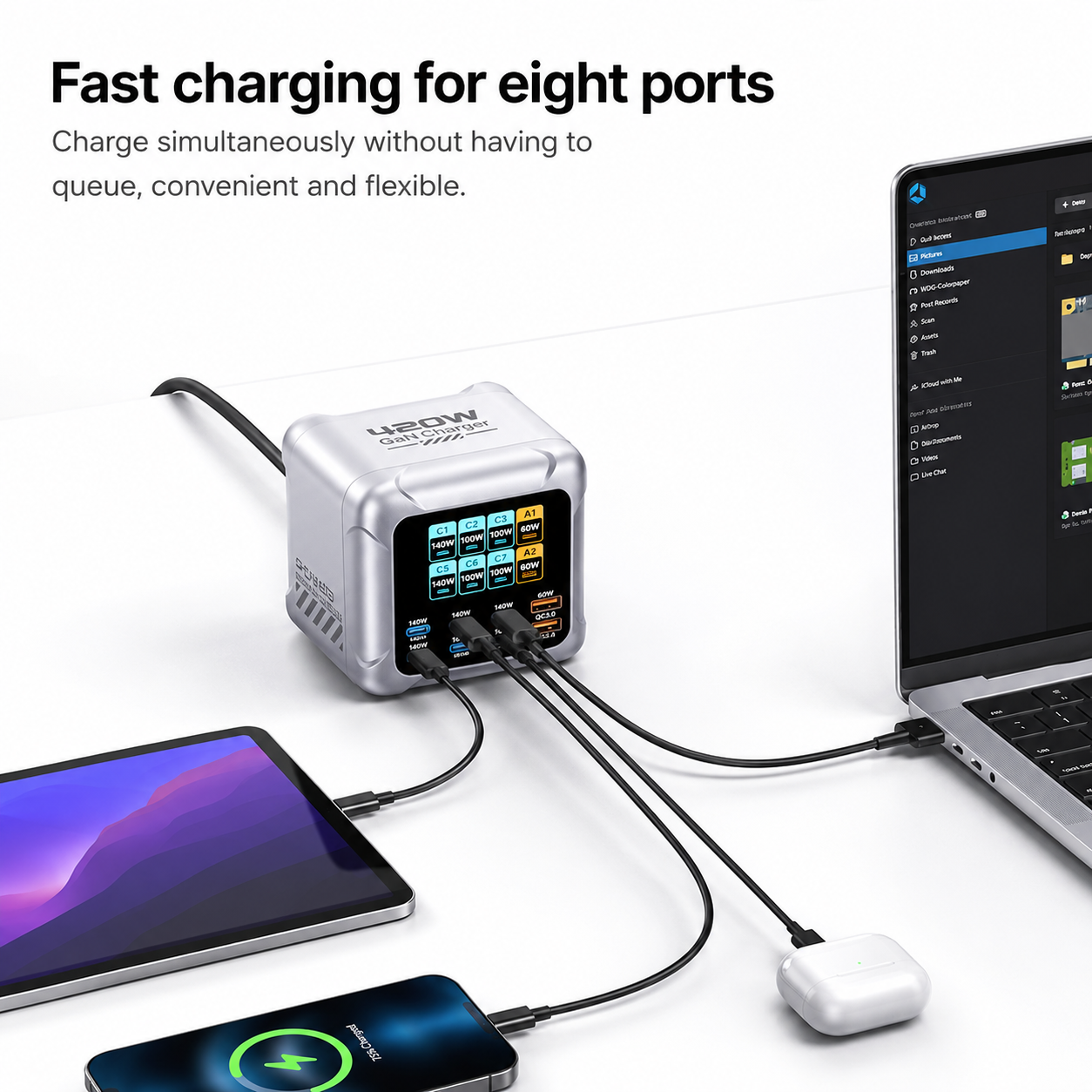 iBlockCube 8-in-1 Multi-Port Socket & 420W GaN Fast Charger – Ultra-Fast Charging for Phones, Tablets, Laptops, and More