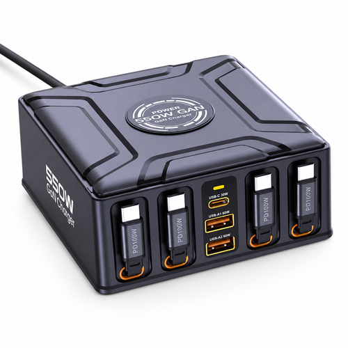 iBlockCube 550W GaN 7-in-1 Multi-Port Charger with Built-In Retractable Cable & USB-C Super Fast Charging – Unleash the Power of Speed and Efficiency