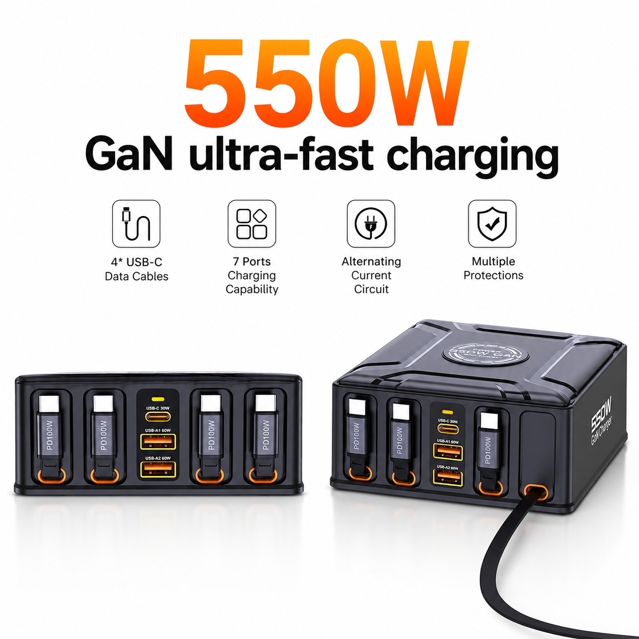 iBlockCube 550W GaN 7-in-1 Multi-Port Charger with Built-In Retractable Cable & USB-C Super Fast Charging – Unleash the Power of Speed and Efficiency