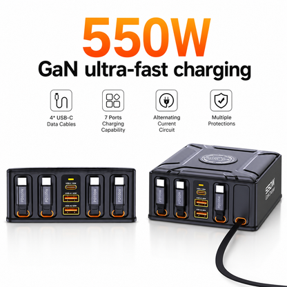 iBlockCube 550W GaN 7-in-1 Multi-Port Charger with Built-In Retractable Cable & USB-C Super Fast Charging – Unleash the Power of Speed and Efficiency