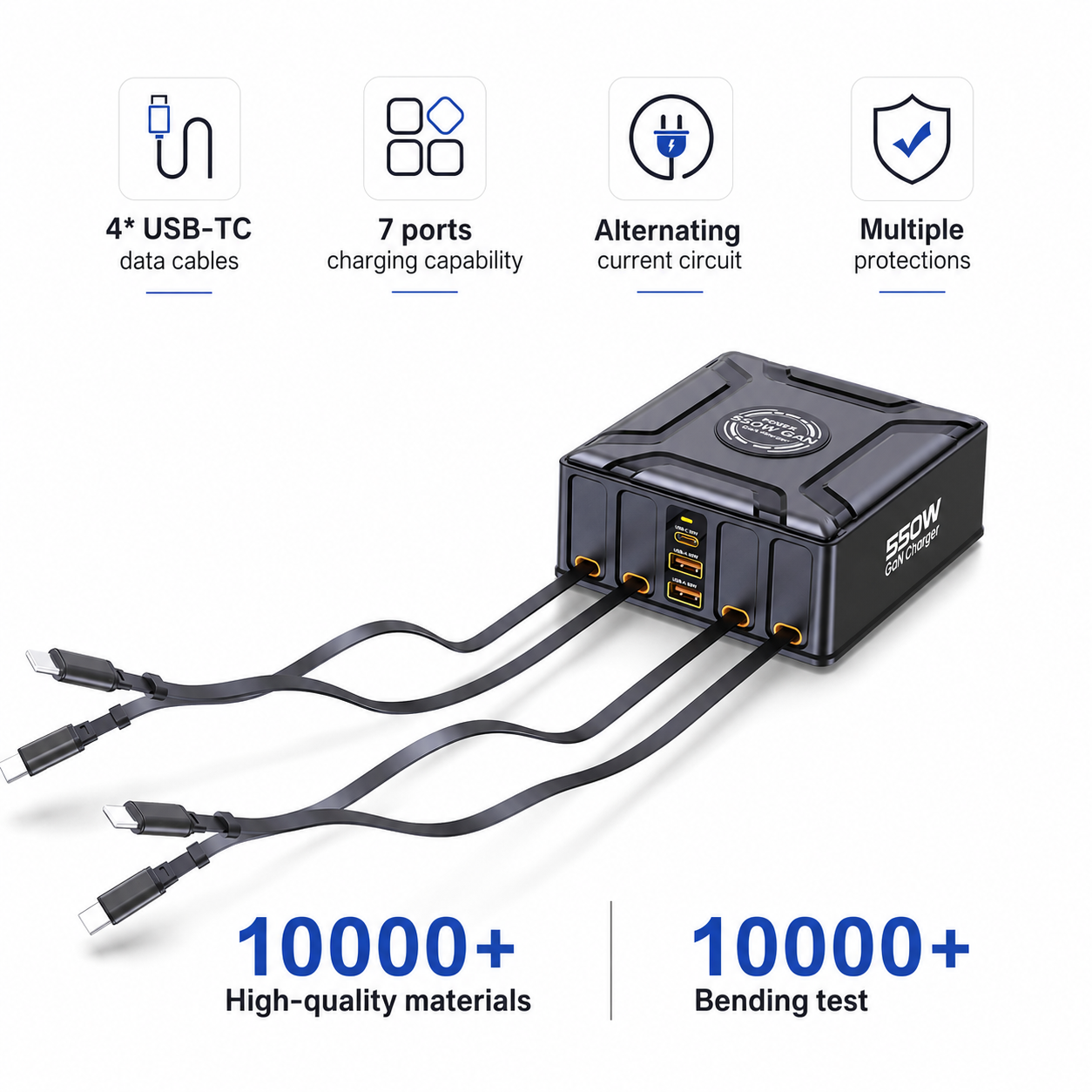 iBlockCube 550W GaN 7-in-1 Multi-Port Charger with Built-In Retractable Cable & USB-C Super Fast Charging – Unleash the Power of Speed and Efficiency