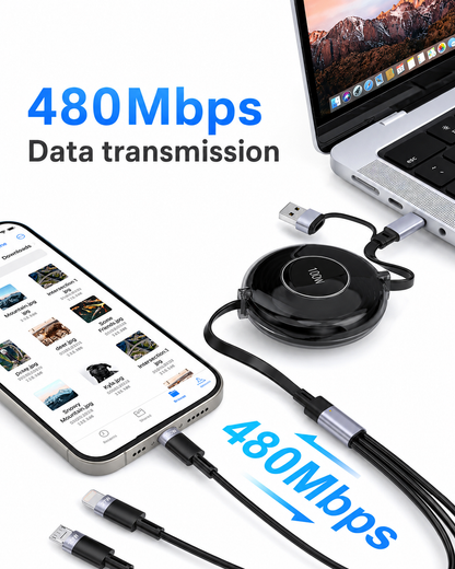 iBlockCube 100W 3-in-1 Multifunction Retractable Magnetic Charging & Data Cable – Charge Your Phone, Tablet, and Smartwatch Anywhere