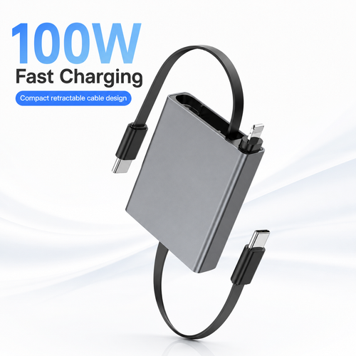 iBlockCube 100W Super Fast 3-in-1 Retractable Charging Cable – Charge Your Phone, Tablet, and Laptop Anywhere