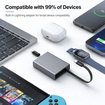 iBlockCube 100W Super Fast 3-in-1 Retractable Charging Cable – Charge Your Phone, Tablet, and Laptop Anywhere