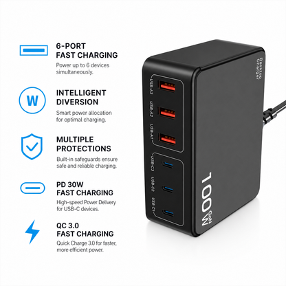 iBlockCube Multi-port mobile phone and computer charger with a universal charging head, featuring a 100W high-power PD USB fast charging function.