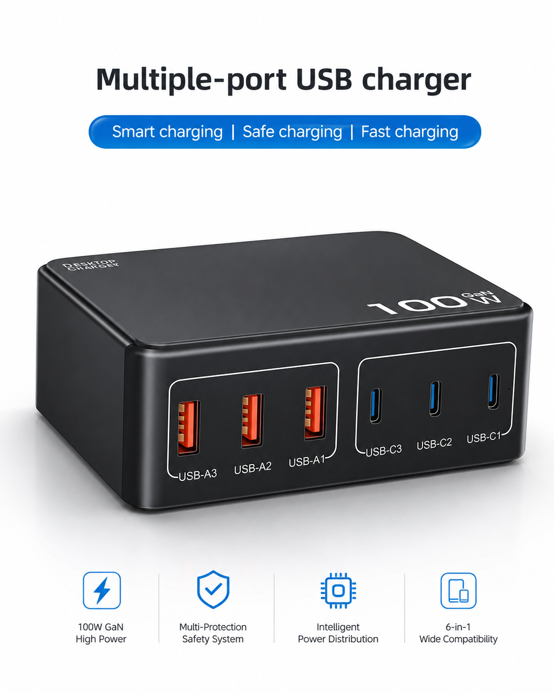 iBlockCube Multi-port mobile phone and computer charger with a universal charging head, featuring a 100W high-power PD USB fast charging function.