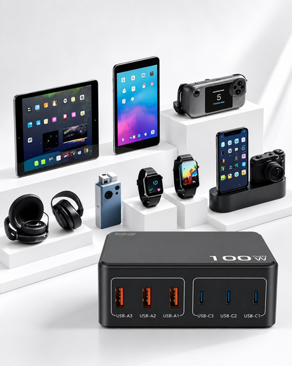iBlockCube Multi-port mobile phone and computer charger with a universal charging head, featuring a 100W high-power PD USB fast charging function.
