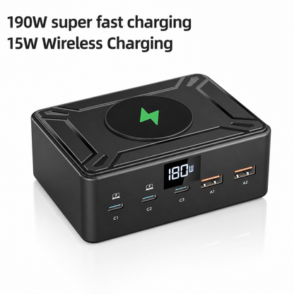 iBlockCube 190W Fast Charging Multi-Port USB Charger with 15W Wireless Charging – Power Your Devices with Speed and Convenience