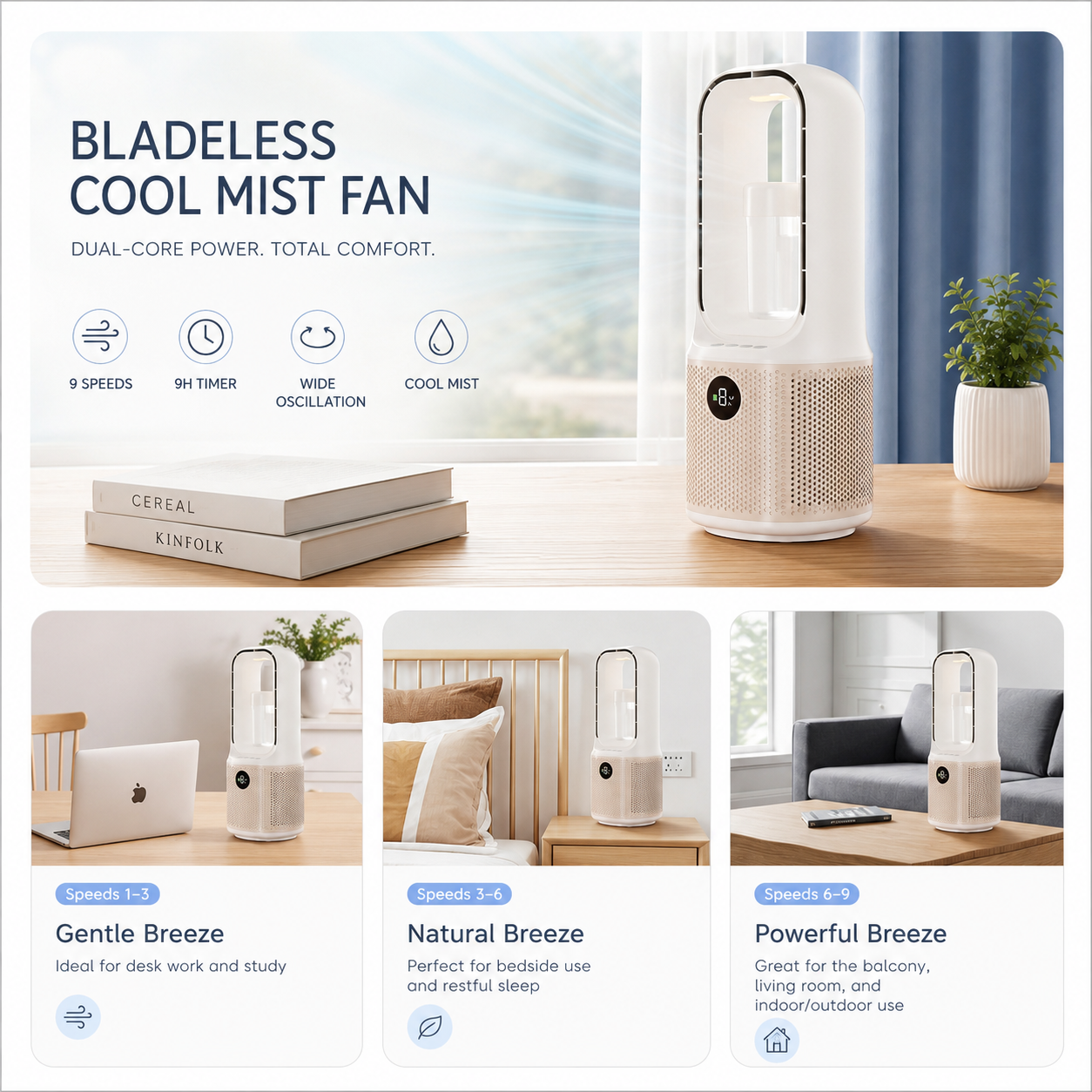 iBlockCube Bladeless Turbo Mist Fan – Portable USB Rechargeable Desktop Cooling Fan with Humidifier
