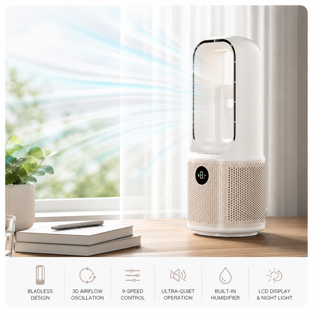 iBlockCube Bladeless Turbo Mist Fan – Portable USB Rechargeable Desktop Cooling Fan with Humidifier