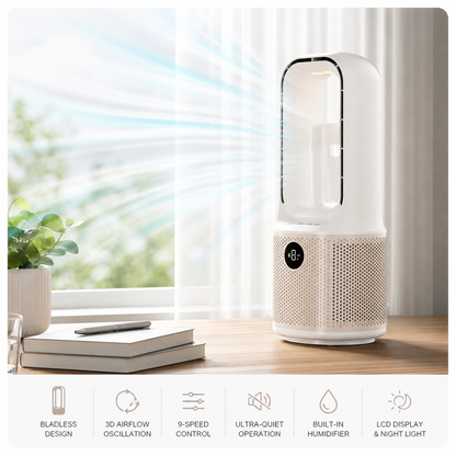 iBlockCube Bladeless Turbo Mist Fan – Portable USB Rechargeable Desktop Cooling Fan with Humidifier