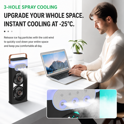 iBlockCube Dual-Head Mist Fan – High-Power Air Circulation & Humidifying Cooling Fan for Home, Office & Outdoor Use