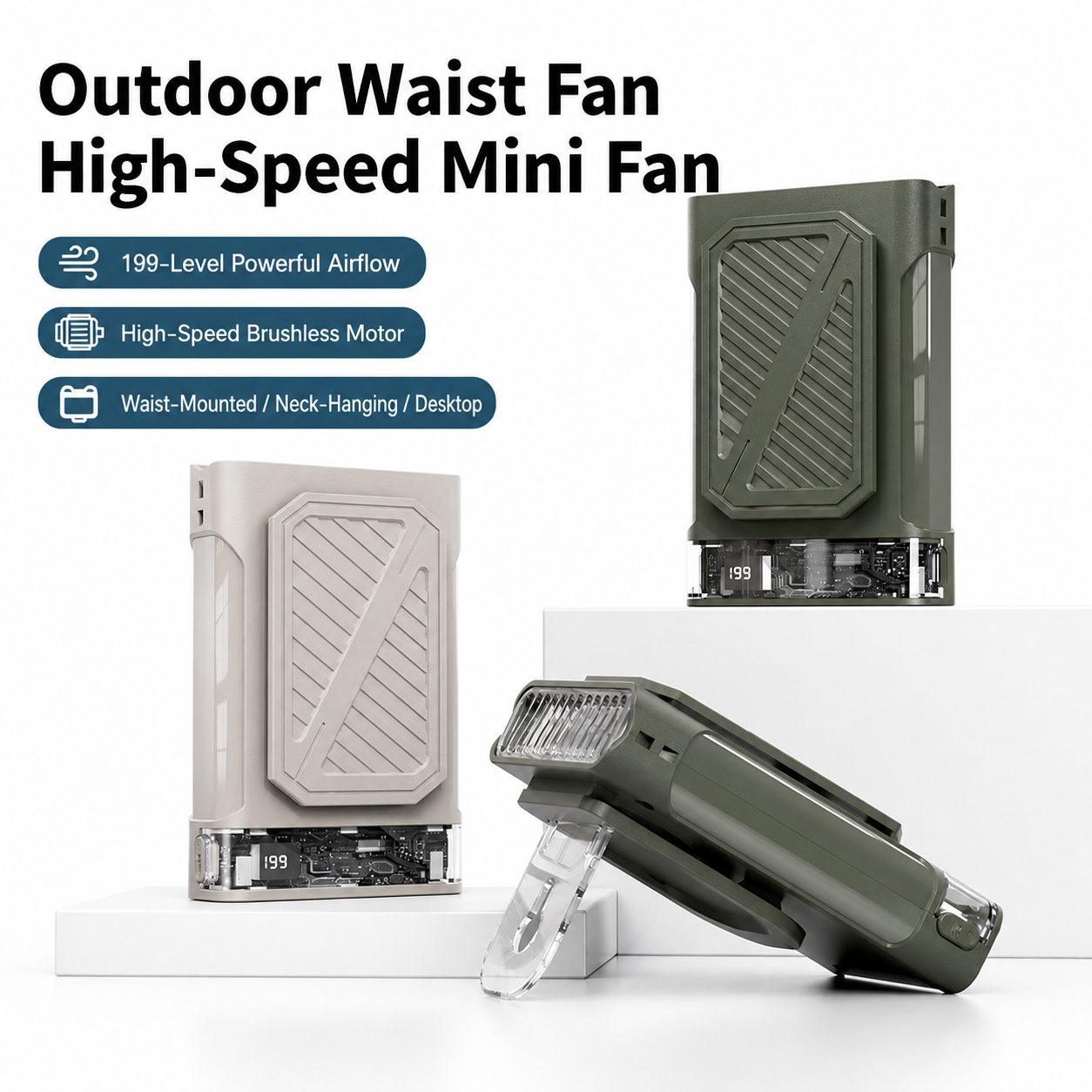 iBlockCube 199-Speed Waist Clip Fan – Portable USB Rechargeable Personal Cooling Fan with Digital Display