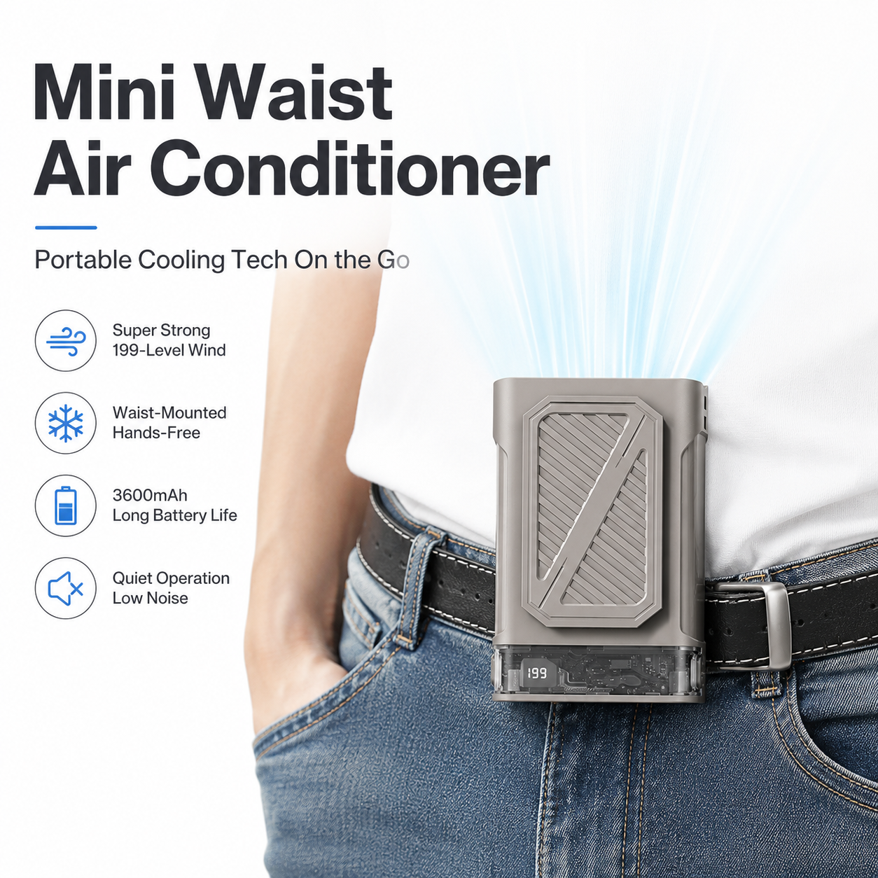 iBlockCube 199-Speed Waist Clip Fan – Portable USB Rechargeable Personal Cooling Fan with Digital Display