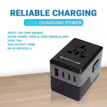 iBlockCube Swift Universal Travel Adapter 120W PD Fast Charger 4 USB-C,1 USB-A, International Wall Charger AC Plug Adaptor All in One Worldwide Power Charger Compatible with Laptops(Grey)