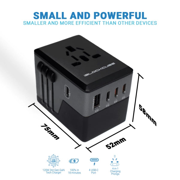 iBlockCube Swift Universal Travel Adapter 120W PD Fast Charger 4 USB-C,1 USB-A, International Wall Charger AC Plug Adaptor All in One Worldwide Power Charger Compatible with Laptops(Grey)